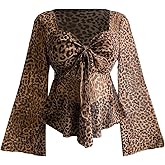 BEAUDRM Women's Plus Size Bell Sleeve Cheetah Blouse Dressy Tie Front Leopard Print Peplum Babydoll Shirts