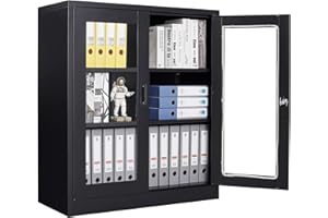 Anxxsu Metal Storage Cabinet with Glass Door, Locking Display Storage Cabinet with 2 Glass Doors and 2 Adjustable Shelves for Home, Pantry Storage (Black)