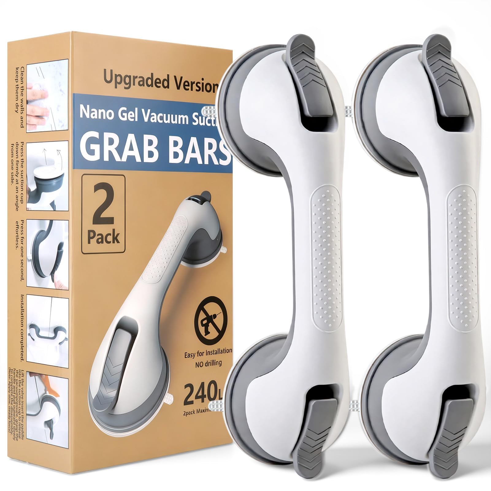Photo 1 of 2 Pack Grab Bars for Shower Handle, Elderly Assistance Products, Seniors Removable Bar Safety, Suction Cup Handles for Bathtubs and Showers/Bathroom/Walls, Heavy Duty Handrails Grip 500lbs,No Drilling