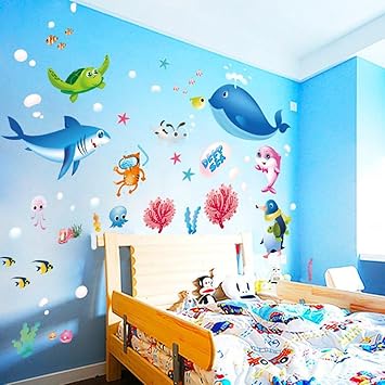 Wandaufkleber Wandtattoos Ronamick Bunte Fisch Shark Ocean
