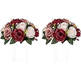 NUPTIO Artificial Flower Centrepieces for Tables - 2 Pcs Burgundy & Dusty Rose & Creamy White Fake Flowers Roses Balls 9.5in Diameter - Silk Faux Rose Arrangement for Wedding Party Table Decor