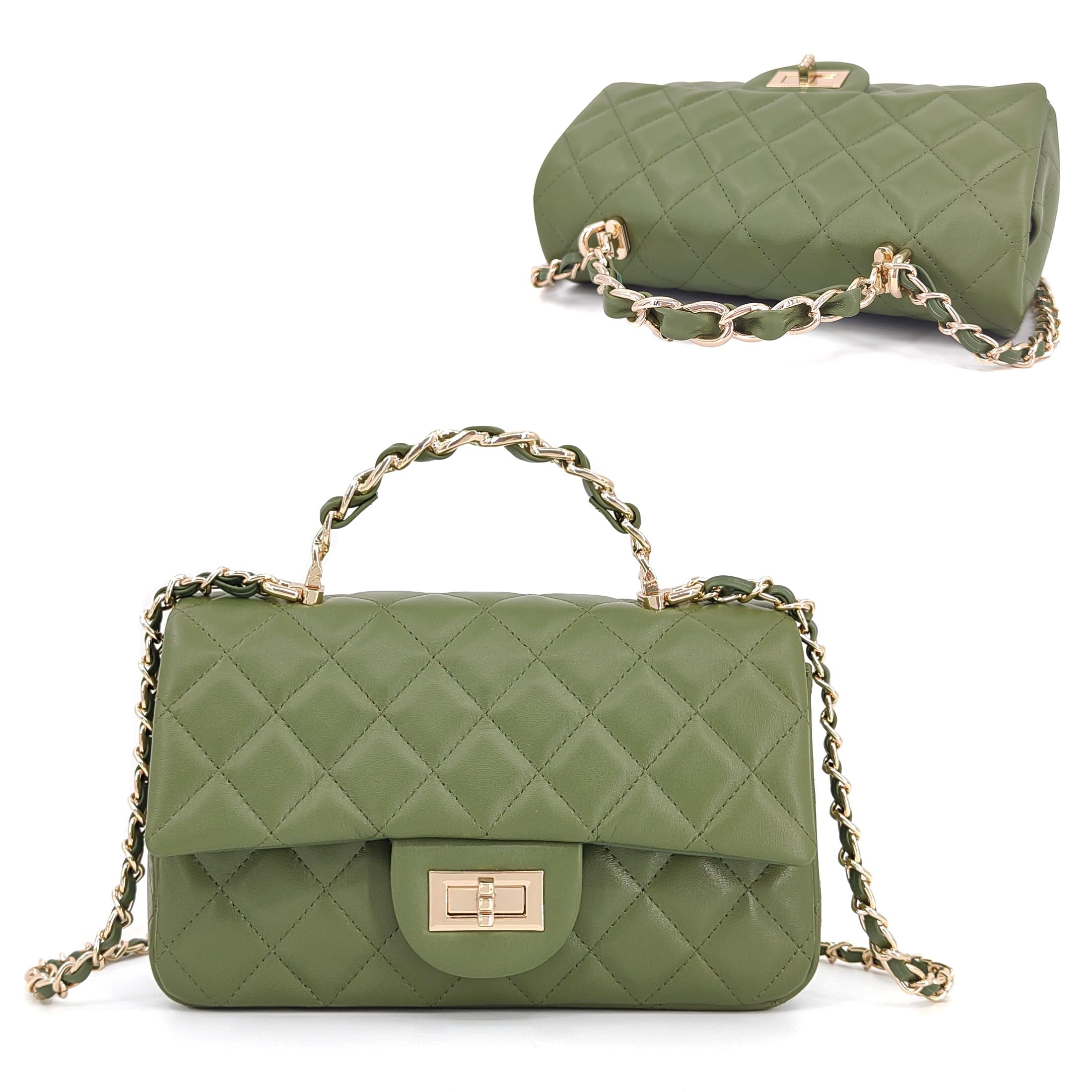 M-ioi-M Small Quilted Crossbody Bags for Women,Leather Shoulder Bag with Gold Chain Strap,Metal Top Handle Flap Evening Purse