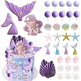 Mermaid Cake Topper 36 Pcs Under The Sea Mermaid Birthday Cake Decorations Tail Shells Sea Star Purple Pearl Ball Cake Toppers for Mermaid Theme Birthday Decorations Baby Shower