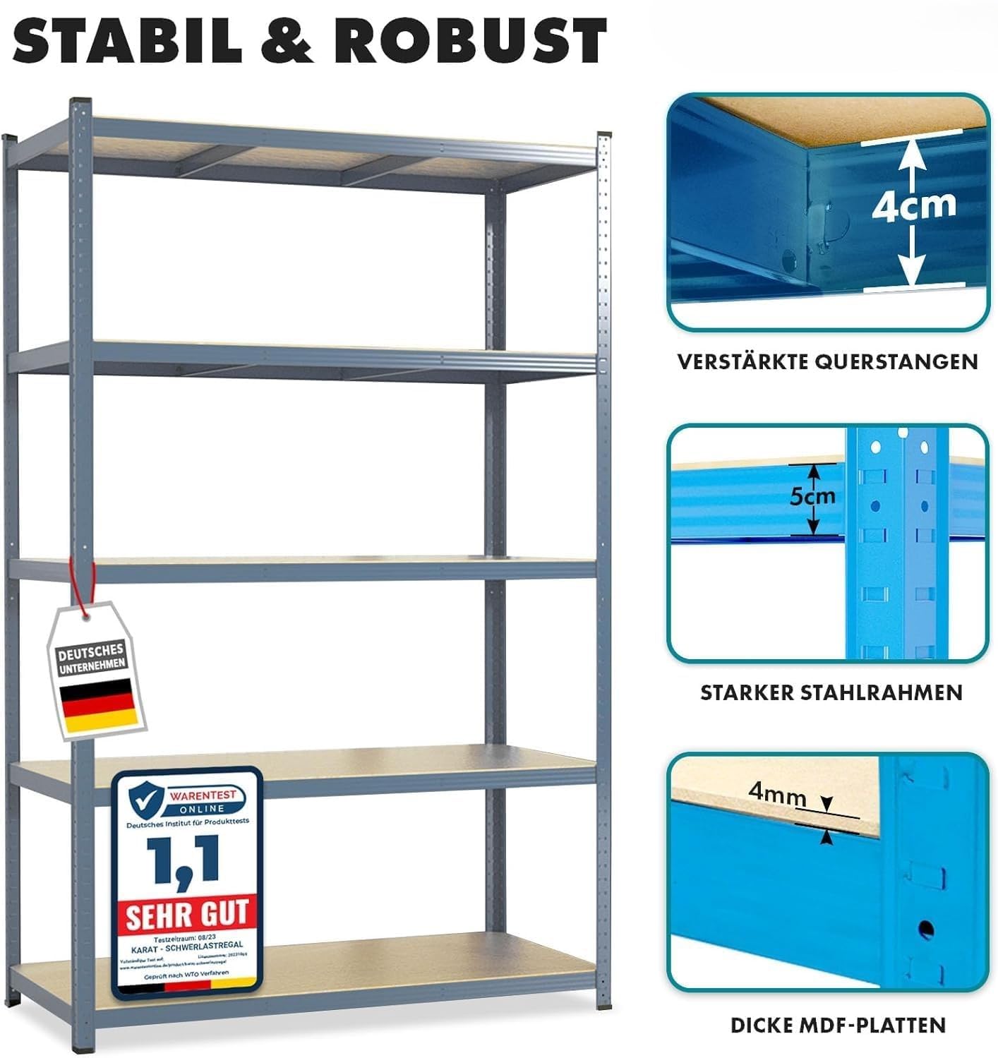 Floordirekt Schwerlastregal, 2er Set, grau 200 x 100 x 50 cm Steckregal, Kellerregal, Lagerregal, Werkstattregal, Werkbank - 5 verstellbare Böden (Lakota) 3