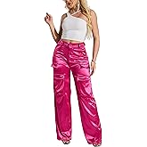 XNMHL Womens High Waisted Satin Cargo Pants Loose Fit Wide Leg Trousers with Pockets Trendy Outfit