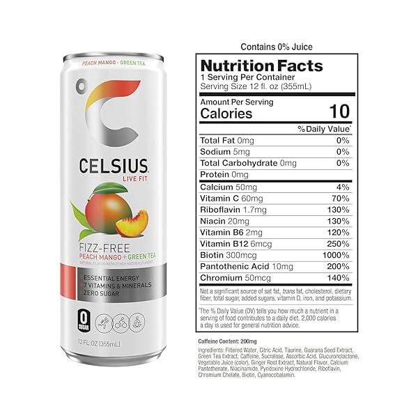 CELSIUS, PEACH MANGO GREEN TEA, 12 FL OZ