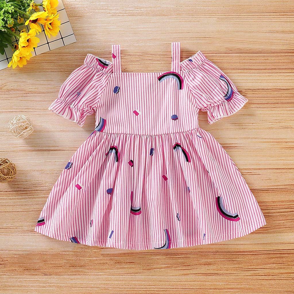 HINK Kids New Born Baby Dress, Toddler Girls Off Shoulder Striped Rainbow Print Dress Clothes 18-24 Months Pink, Princess Dress Sales