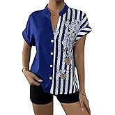 Pantete Womens Patchwork Button Down Shirt V Neck Short Sleeve Striped Blouse Tops