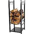 Sunnydaze 32 Inch Firewood Rack Outdoor with Hooks - Powder-Coated Steel- Indoor Fireplace Log Holder - Black