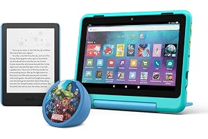 Amazon Kids Entertainment Device Bundle Including Fire HD 8 Kids Pro Tablet (32GB, Hello Teal) + Kindle Kids (16GB, Space Whale) + Echo Dot Kids (Avengers)