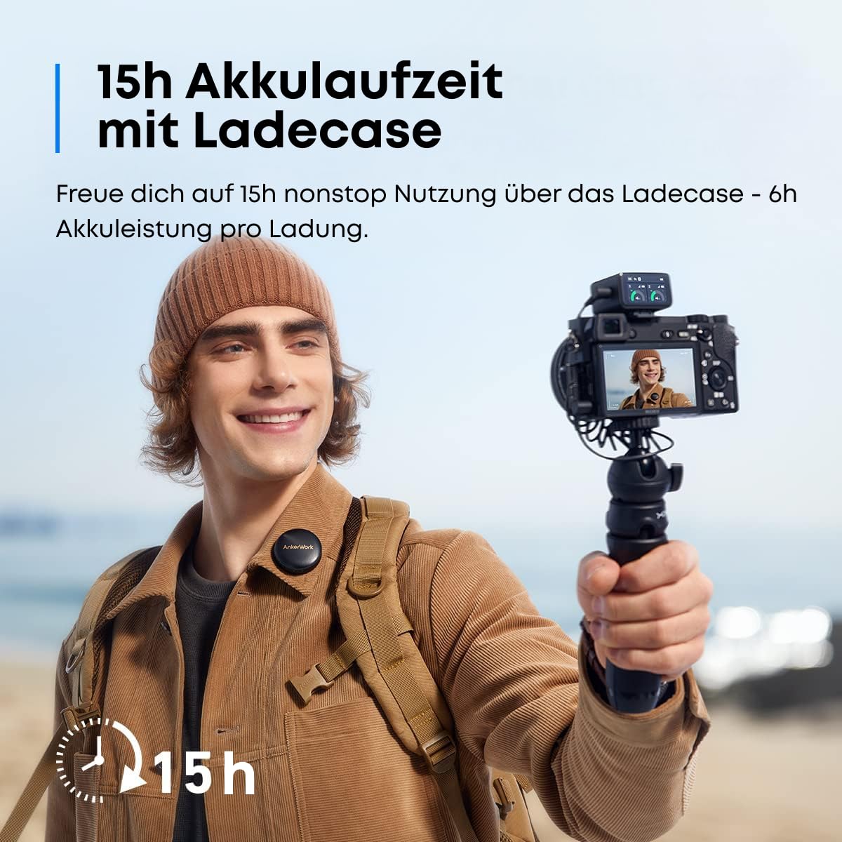 AnkerWork M650 Kabelloses Lavalier Mikrofon, Professionelle Geräuschunterdrückung, Magnetisches Cover, 2-Kanal Abnehmer, 200m Reichweite, 15k Akku, Vlogs & Livestream, Nicht geeignet für Konferenzen 4