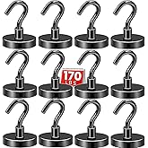 DIYMAG Black Magnetic Hooks, 170 LB Heavy Duty Strong Magnets with Hooks Rare Earth Neodymium Fridge Magnet for Grill Hanging Cruise Cabins Ship Essentials 12 Packs