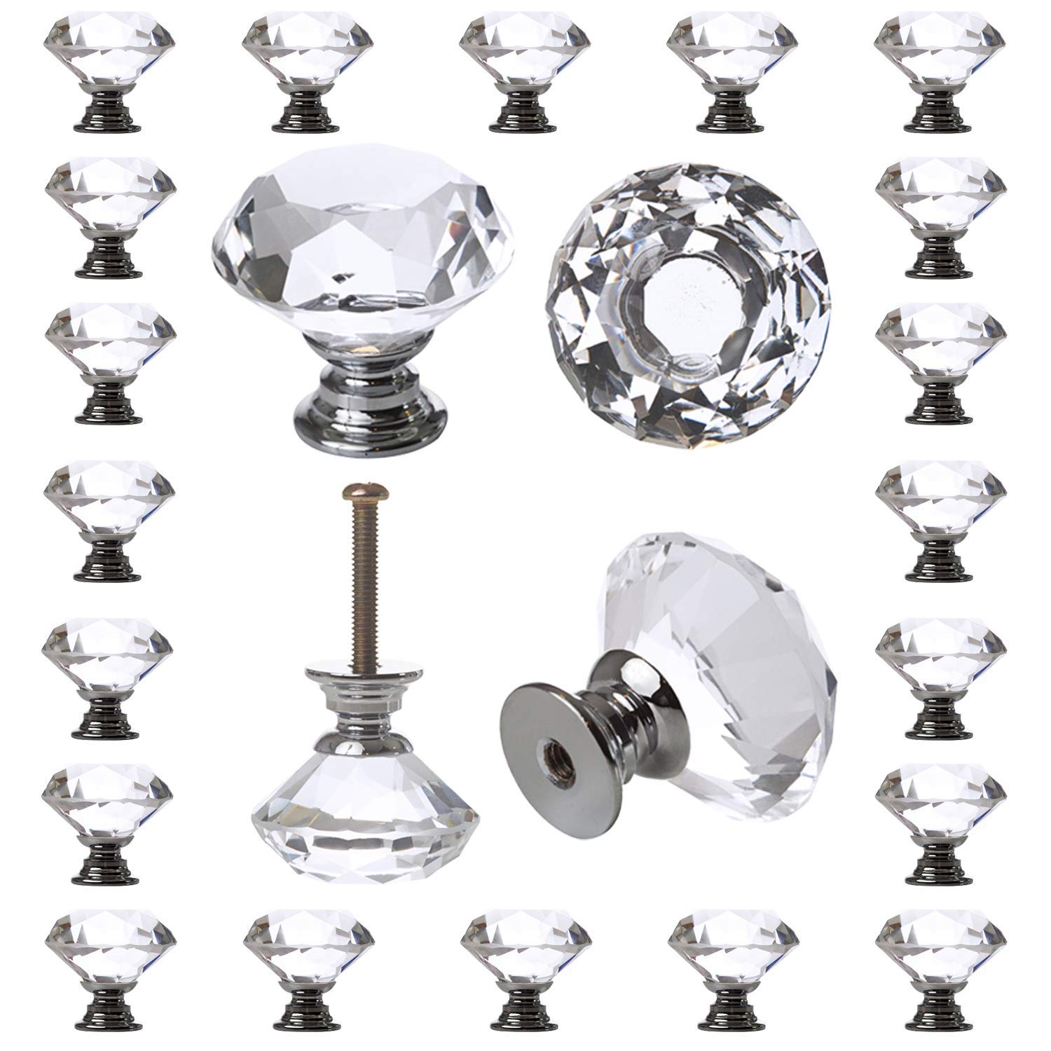 25 Pack Diamond Cabinet Knobs, 30mm, Crystal Drawers Handles, Glass, Dresser Drawer Pulls, Vintage, Decorative Furniture Hardware for Closet Door, Bathroom, Vanity, Desk, Cupboard