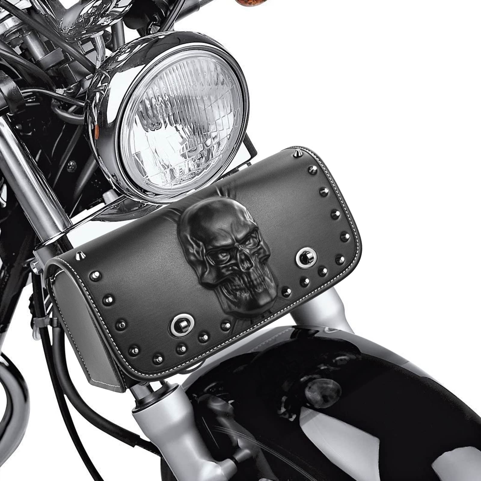 Photo 1 of YHTIMIOX Universal Motorcycle 3D Skull Tool SaddleBags Front Fork Handlebar Bag PU Leather Sissybar Storage Pouch Compatible with Harley Dyna Scooter Softail Sportster Road King Kawasaki Suzuki