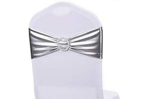 JKDMJF Spandex Bronzing Silver Chair Sashes 50 Pack - Stretch Metal Silver Chairs Bows Bands with Silver Buckle for Wedding Party Anniversary Banquet Birthday Bridal Shower Christmas Event Decorations