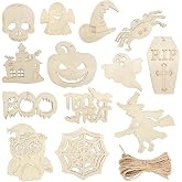 Quacc 26pcs Wooden Halloween Cutout Ornaments Unfinished Wood Craft Ornaments Ghost Shapes Wooden Slices Hanging Tags Halloween Decorations for Trick or Treat Bags (13 Styles)