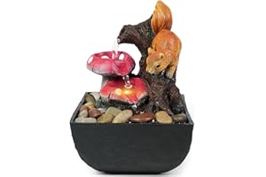Ferrisland Tabletop Water Fountain Indoor - 3 Tiered Waterfall Fountain Indoor Desktop Water Feature with Light Squirrels Animal Sculpture Relaxation Fountains for Office Home Decor, Gift Idea