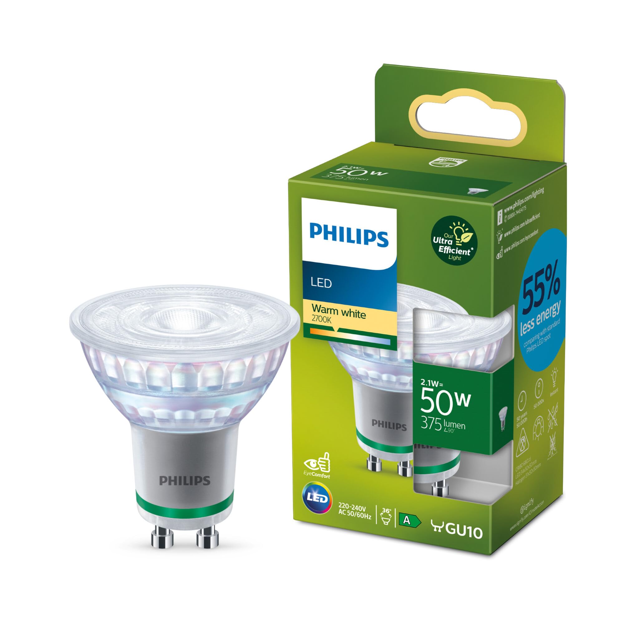Philips Classic ultra-efficient LED bulb with energy efficiency class A, GU10 bulb, replaces 50W, warm white light, non-dimmable