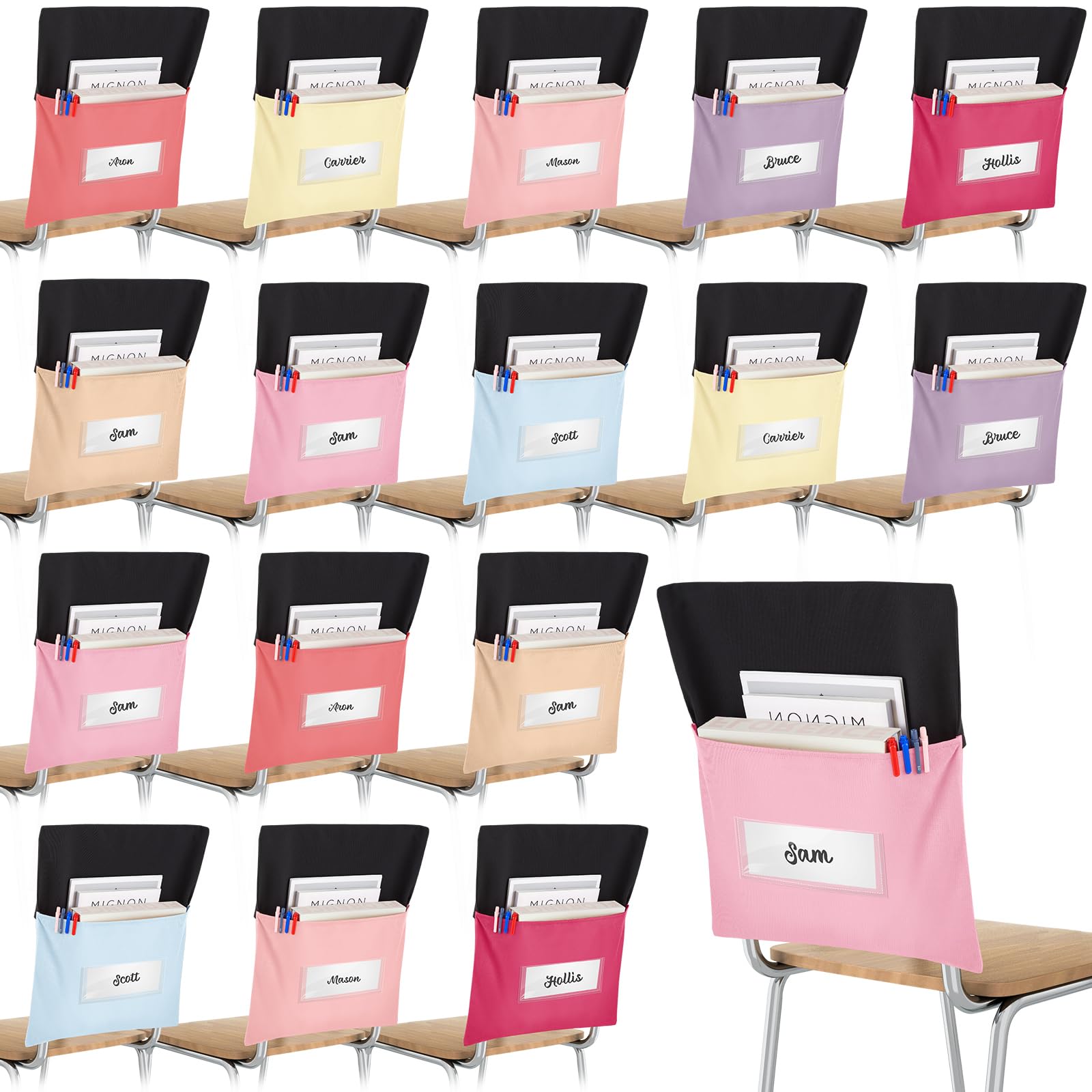 Photo 1 of Chapou Chair Pockets for Classroom Chairback Pocket Chart 14 x 18 Inch Desk Organizer Pocket Chair Bag for Seat School Classroom(Classic,Pink,16 Pcs)