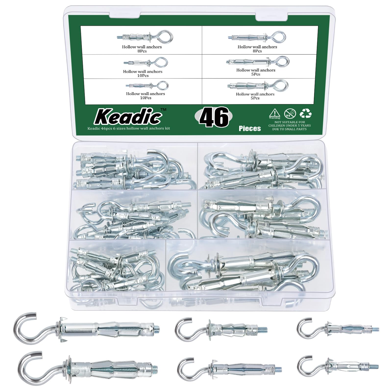 Keadic 46Pcs 6 Sizes Hollow Wall Anchor Screw Assortment Set, M4*32, M4*38, M5*37, M5*52, M6*52,M6*65, Heavy Duty Zinc Plated Steel Molly Bolts for Plasterboard Fixing (Hook Style)