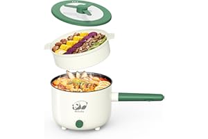 MIHOHO Electric Hot Pot with Steamer, Portable Nonstick Frying Pan with Dual Power Control, Electric Shabu Shabu Cooker for Noodle, Oatmeal, Pasta, Ramen, 1.5L (Green)