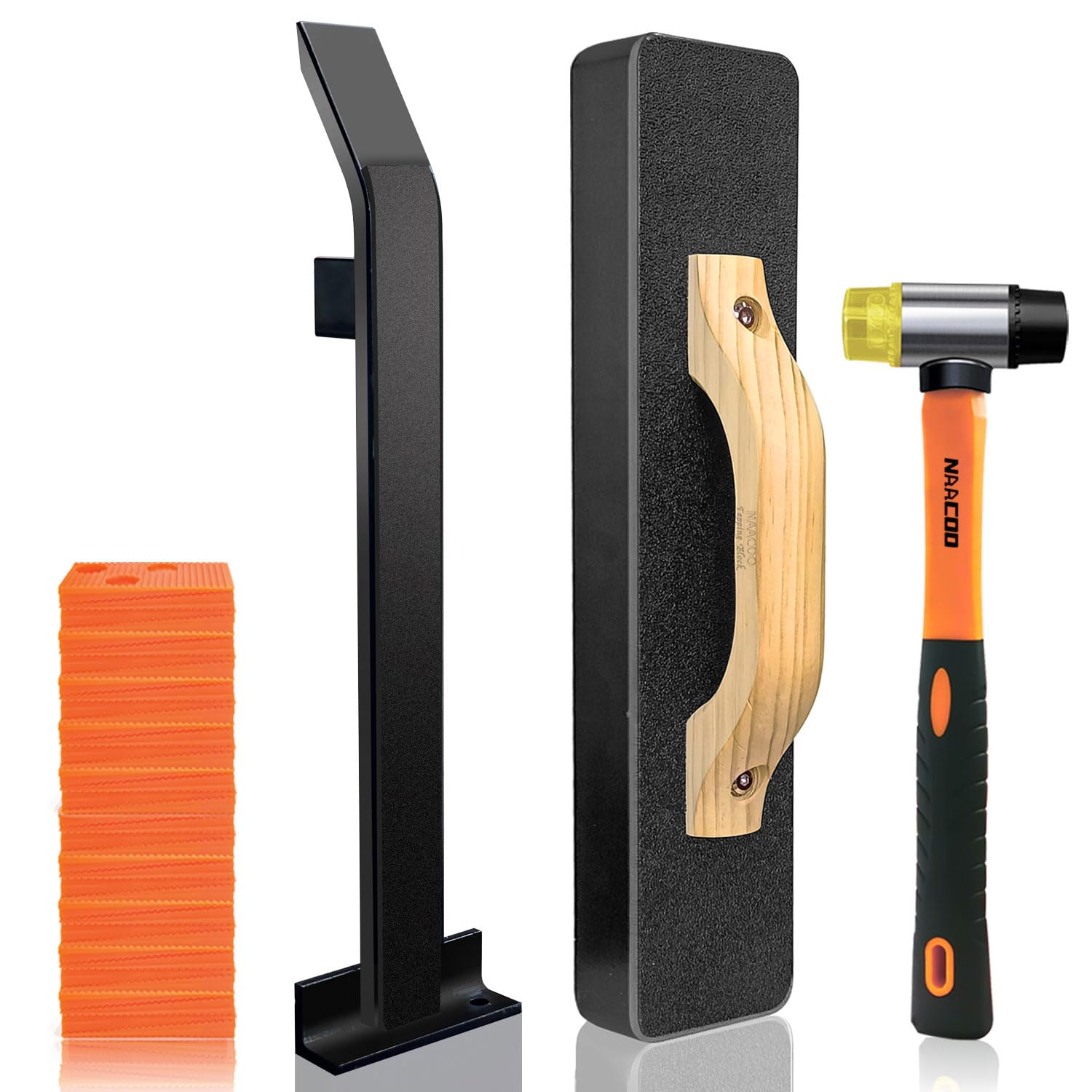 NAACOO Laminate Floor Installation Kit - Tapping Block for Vinyl Plank, Knock 1-2 Times, Heavy Pull Bar, 40pc Spacers, Rubber Mallet - Professional Tools