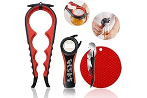 HUMANFUN Jar Opener for Weak Hands, Seniors with Arthritis, 5 in 1 Multi Function Bottle Opener Lid Opener For Arthritic Hands with Non Slip Rubber Jar opener Gripper Pad and Corkscrew Wine Opener(RED)
