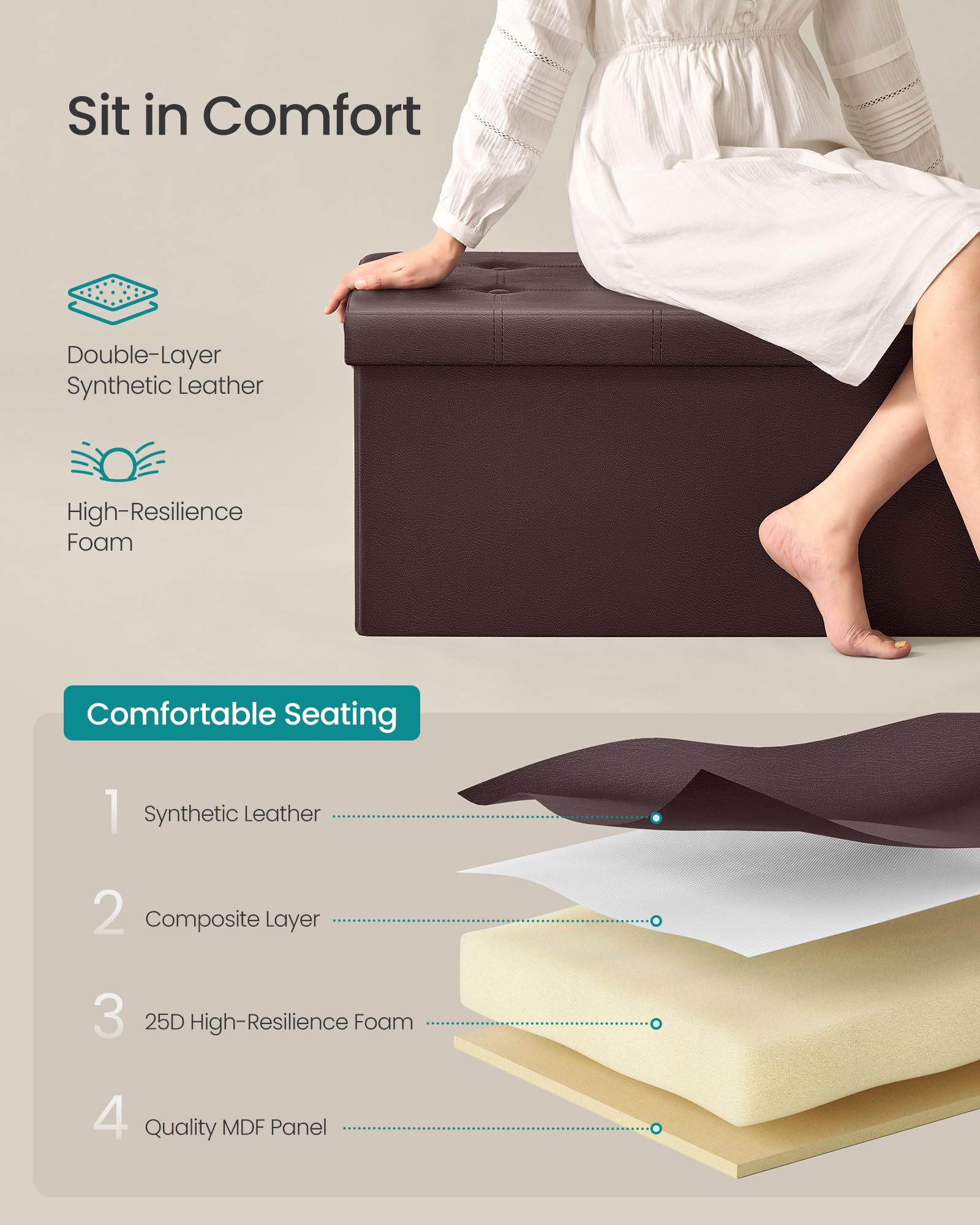 SONGMICS MAZIE Collection - 30 Inches Folding Storage Ottoman Bench, Ottoman with Storage, Foot Rest Stool, Load 660 lb, for Living Room, Synthetic Leather, Brown ULSF40Z - Image 4