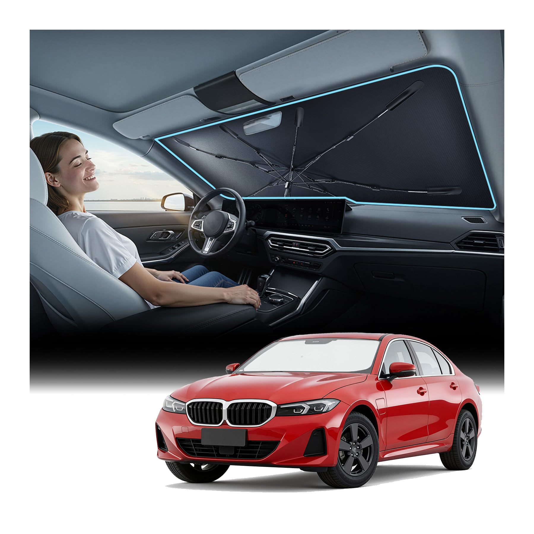 Photo 1 of Nmoiss Windshield Sun Shade Umbrella for BMW - [Vinyl Coating Heat Shield] Protect Car from Sun Rays & Heat Damage Keep Cool and Protect Interior