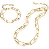 LANE WOODS Gold Chain Necklace and Bracelet for Women Ladies Dainty and Chunky Chain Link Paperclip Jewelry Set