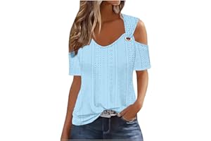 JXSOYEN Eyelet Tops for Women Casual Notched V Neck Tops Summer Cold Shoulder Blouse Tunic Tops for Leggings Going Out 2024