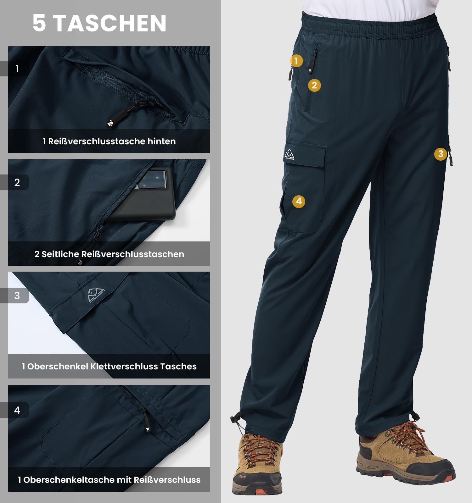 Rdruko Wanderhose Herren Sommer Leichte Cargohose Stretch Outdoorhose Wasserdicht Trekkinghose Schnelltrocknend für Männer mit 5 Taschen (Dunkelblau L) 5