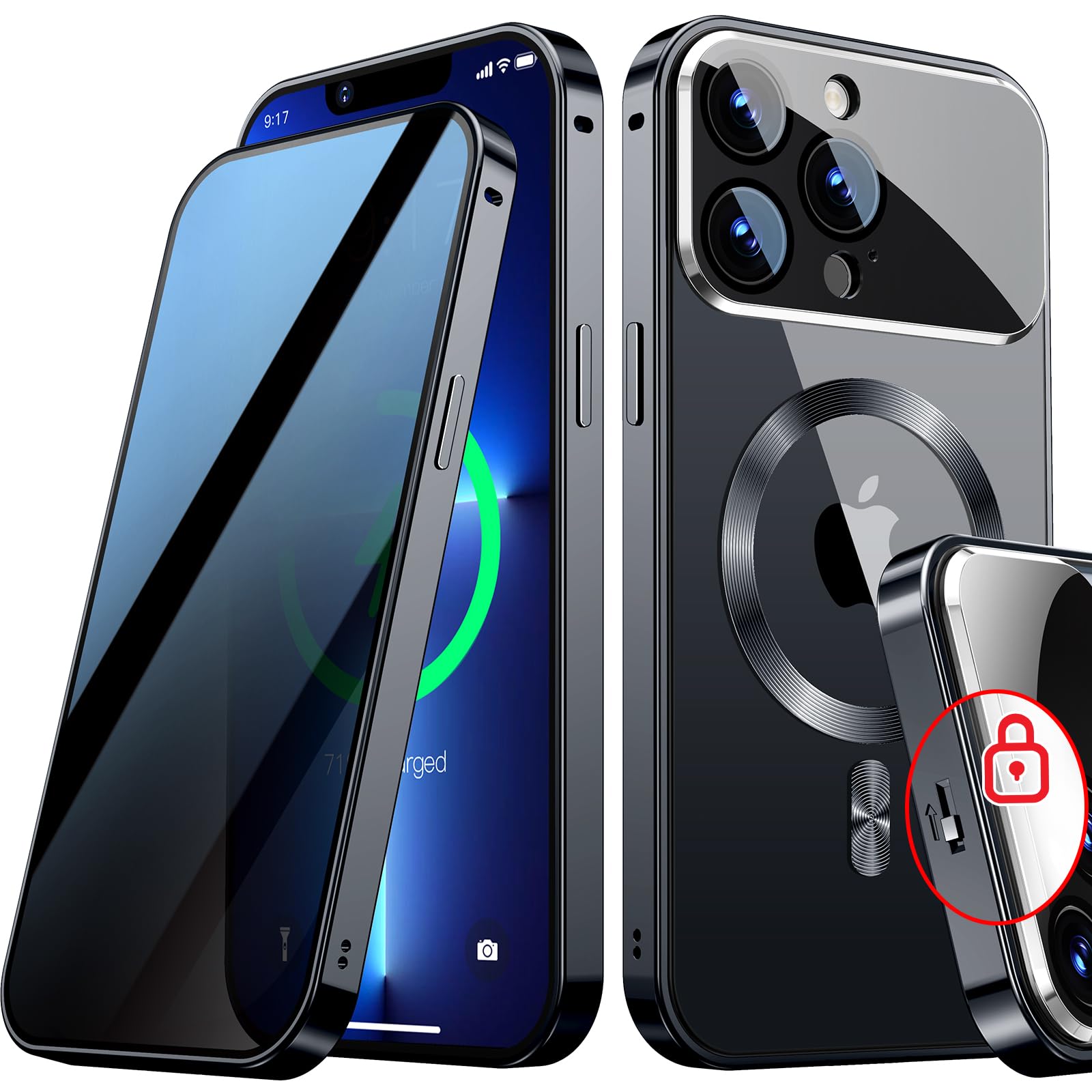Photo 1 of [Full Camera Protection& Mechanical Lock]Magnetic Privacy Case for iPhone 14 Pro Max[Compatible with MagSafe][CD Metal Ring]Full Body Shockproof Metal Bumper, 9H Anti Peeping Glass Cover-Dark Black