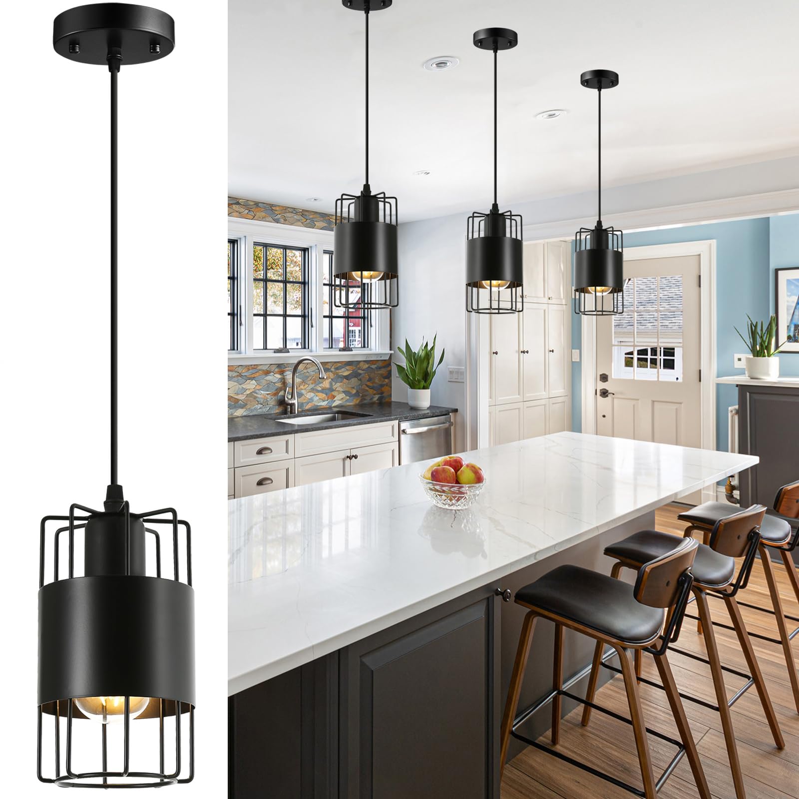 Laihezz Farmhouse Pendant Lights Kitchen Island,Single Black Pendant ...