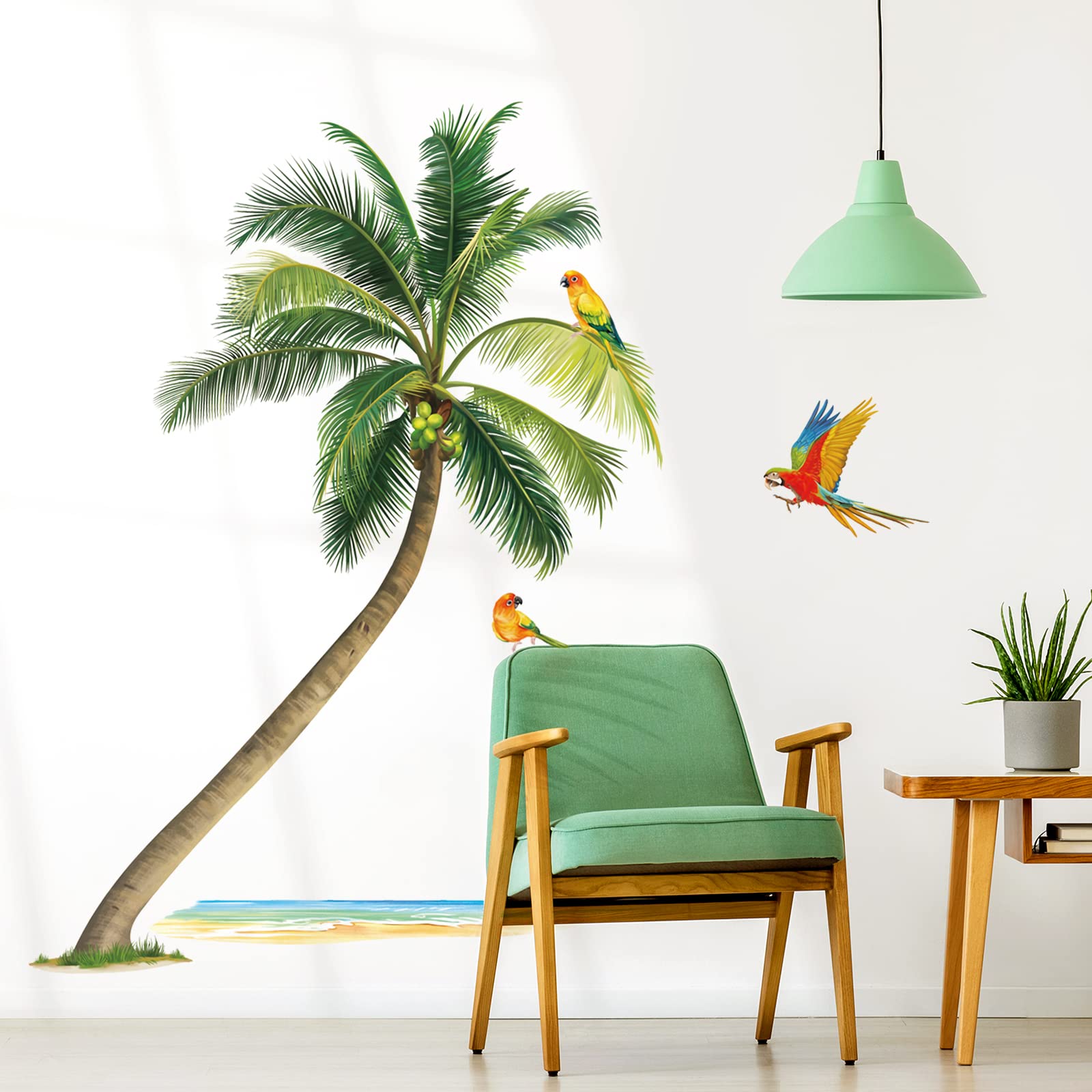 wondever Palm Tree Birds Wall Stickers Tropical Plants Green Leaf Peel and Stick Wall Art Decals for Living Room Bedroom TV Wall