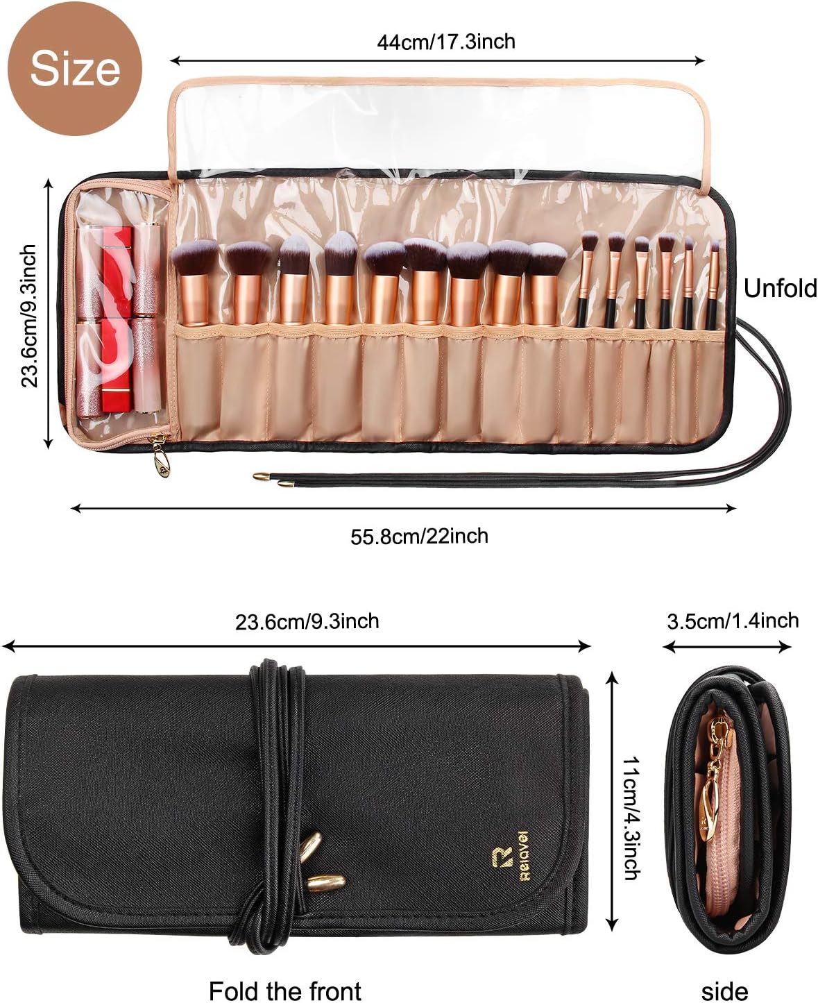 Relavel Makeup Brush Rolling Case Makeup Brush Bag Pouch Holder Cosmetic Bag Organizer Travel Portable Cosmetics Brushes Black Leather Case with Small Clear Bag : Beauty