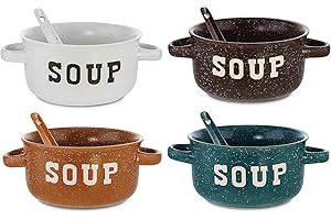 ZENVY Set of 4 Speckled Ceramic Soup Bowls With Spoons - 22 Ounce Ceramic Bowls