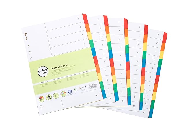 perfect line 5er Pack 10-teiliges DIN-A4 Register farbig (5x10), mit Deckblatt, Farb-Register-Trenner aus Karton in 5 Farben,