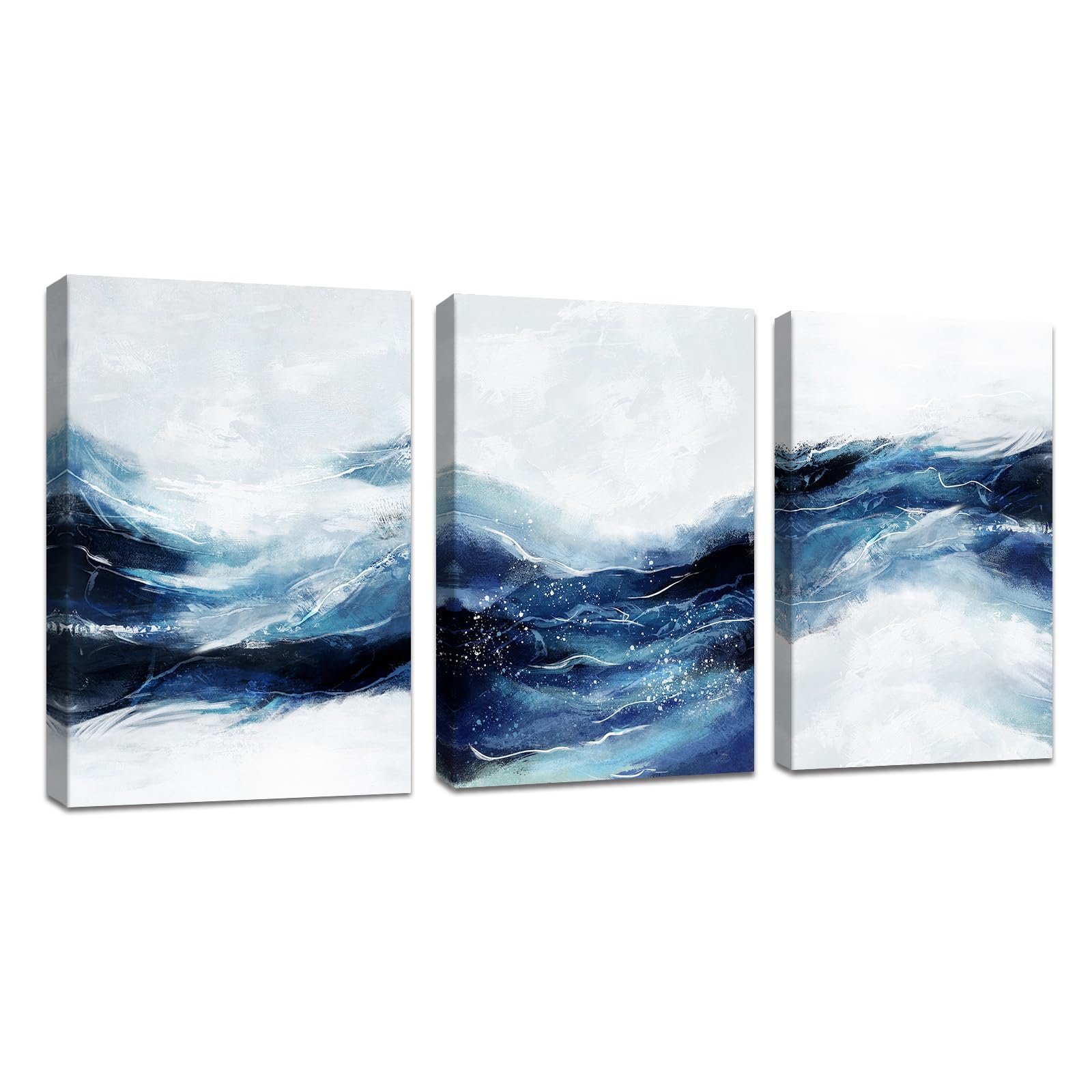 FajerminArt 3Pcs Dark Blue Modern Living Room Painting Framed Abstract Blue White Canvas Wall Art Pictures Printing Canvas Artwork Wall Decor for Bedroom Bathroom Office Ready to Hang 30x40cmx3 Pcs