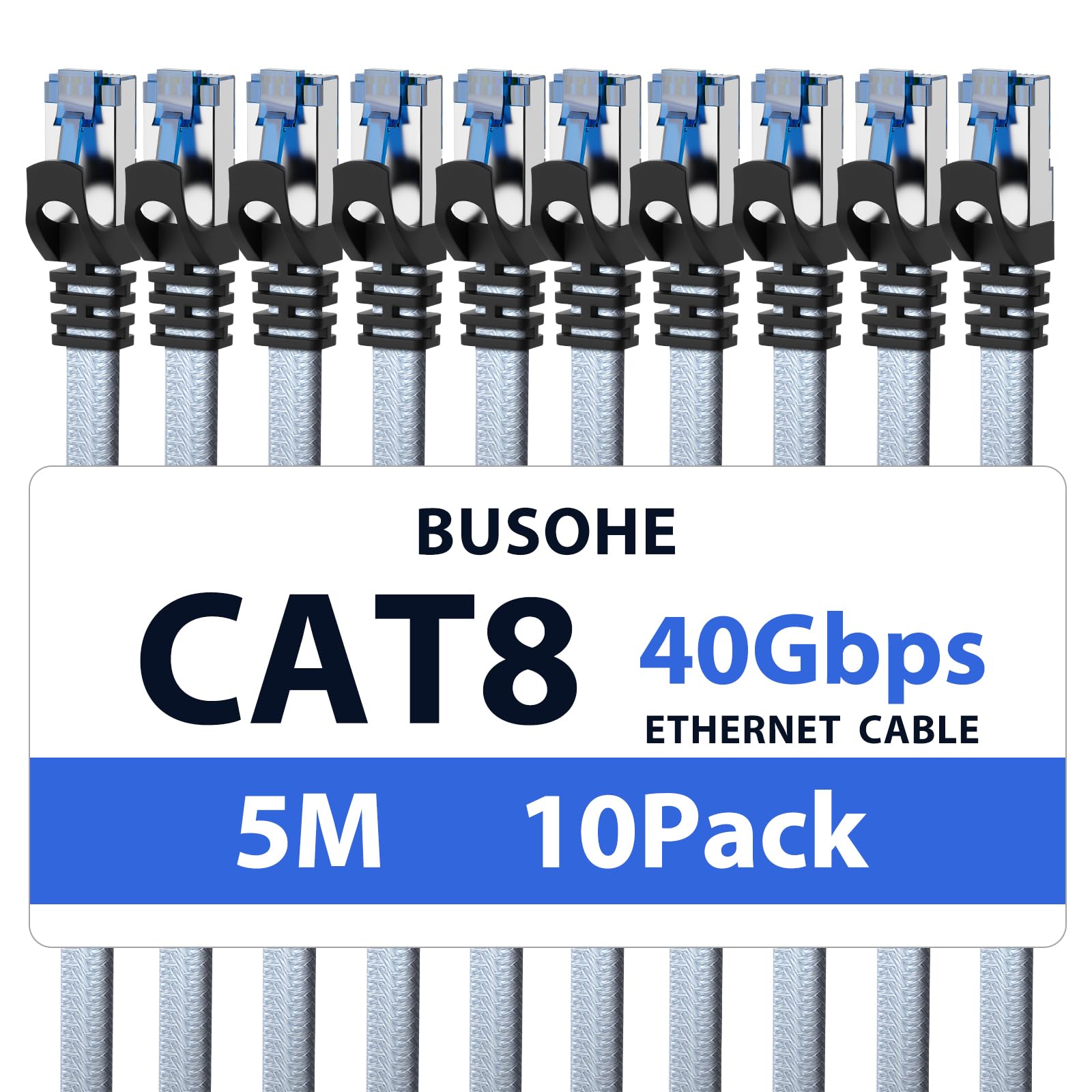 BUSOHE Cat 8 Ethernet Cable 5m (10 Pack), High-Speed 40Gbps 2000MHz Network Cable Braided Flat Gigabit Rj45 STP Shielded Internet Network Lan Cable Cord Compatible with PC, Laptop, Routers, Modem