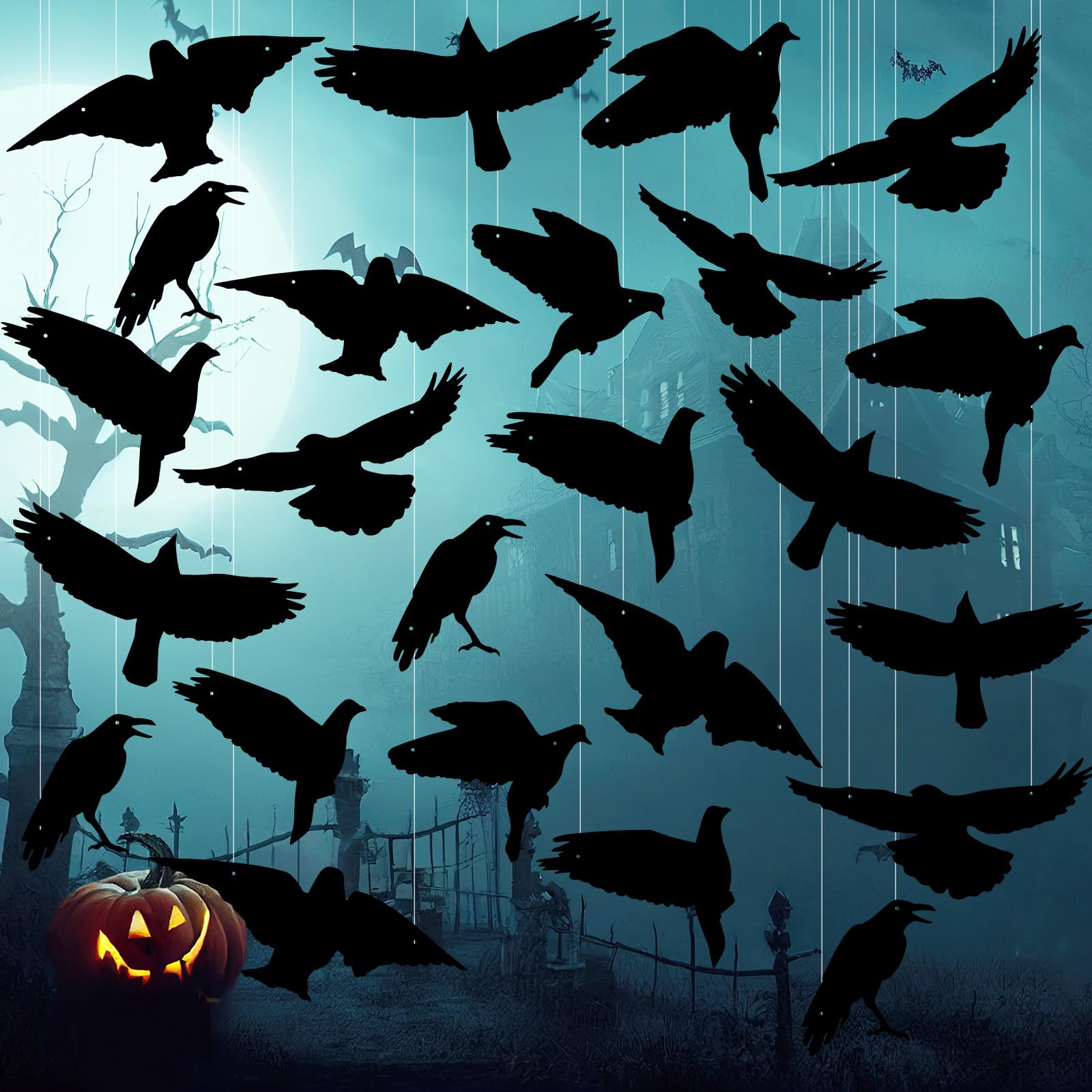 Photo 1 of 18 Pcs Halloween Crow Hanging Decoration Outside Halloween Dark Plastic Crow Decorations for Outdoor Hanging in The Tree Porch Yard