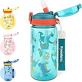 wooshwa Kids Water Bottle for School or Travel, 20 Oz Durable Plastic Water Bottle with Silicone Straw and Pop-Up Spout Cover, BPA Free & Dishwasher Safe(Dinosaur)