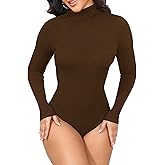 GEMBERA Womens Stretchy Long Sleeve Turtleneck Ribbed Knit Fitted Basic Bodysuit Shirt