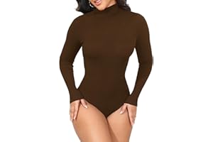 GEMBERA Womens Stretchy Long Sleeve Turtleneck Ribbed Knit Fitted Basic Bodysuit Shirt