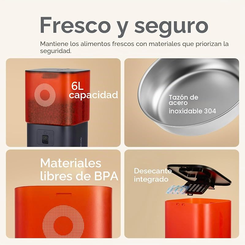 Comedero automático para Gatos con cámara: dispensador de Comida para Gatos con Comida Grande de 6 L para Gatos y Perros pequeños (Blanco y Rojo)