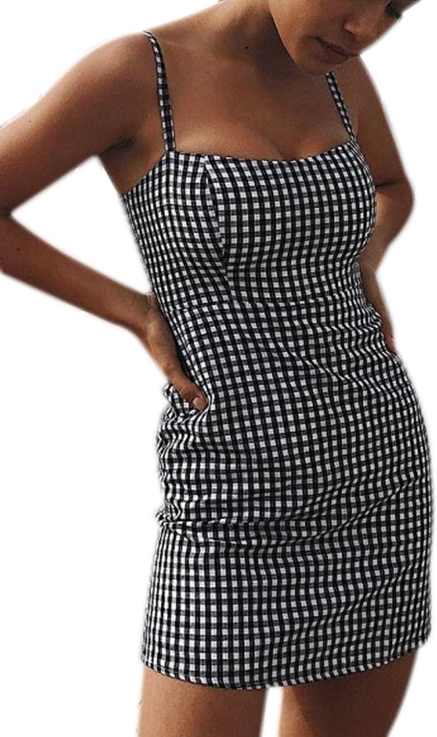 Women Mini Dress Summer Houndstooth Plaid Print Cami Bodycon Dresses