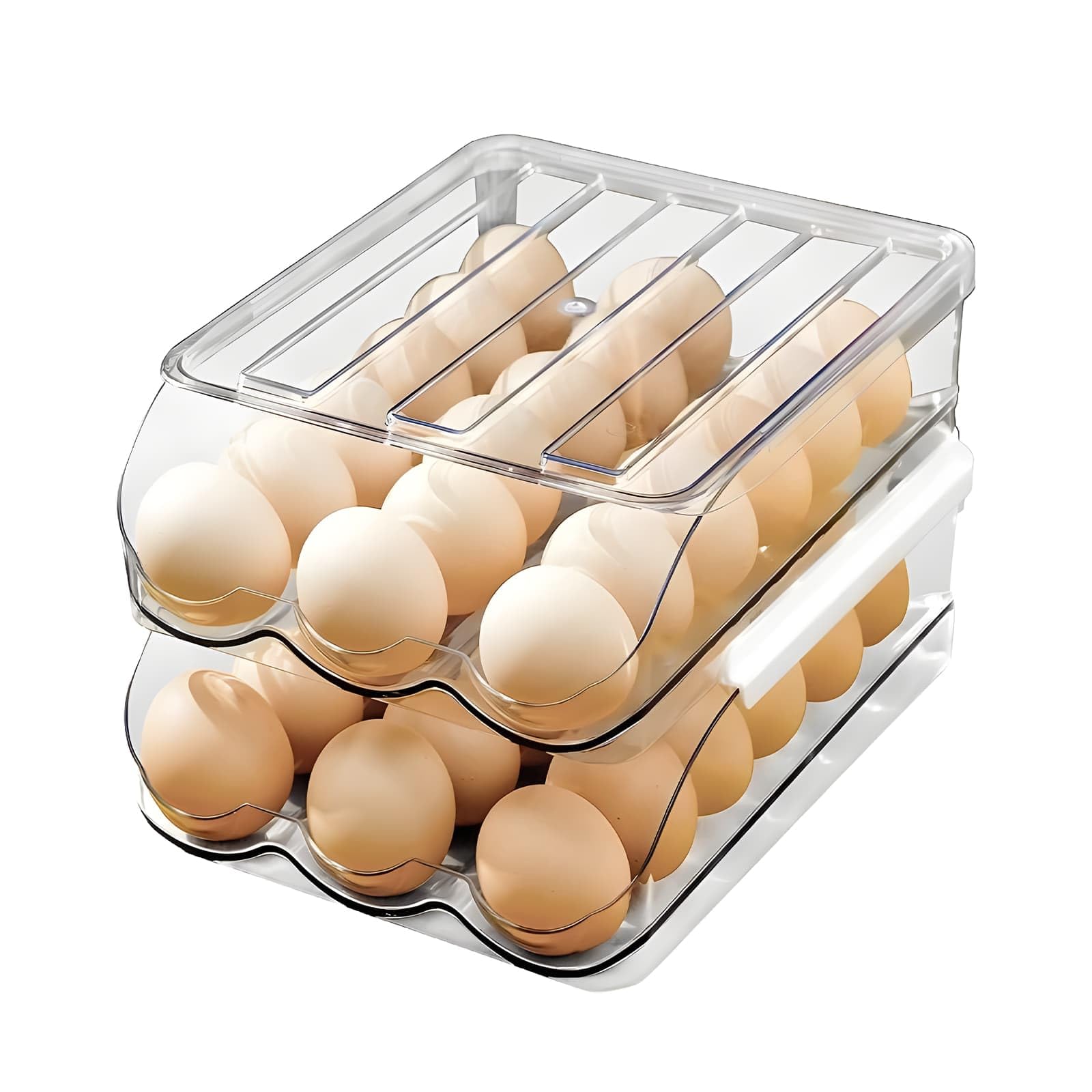 Eidoct 2 Layer Stackable Storage Container - 36 Egg Organizer with Automatic Rolling System, Clear PP Dispenser & Tray Bin for Refrigerator Space Saving