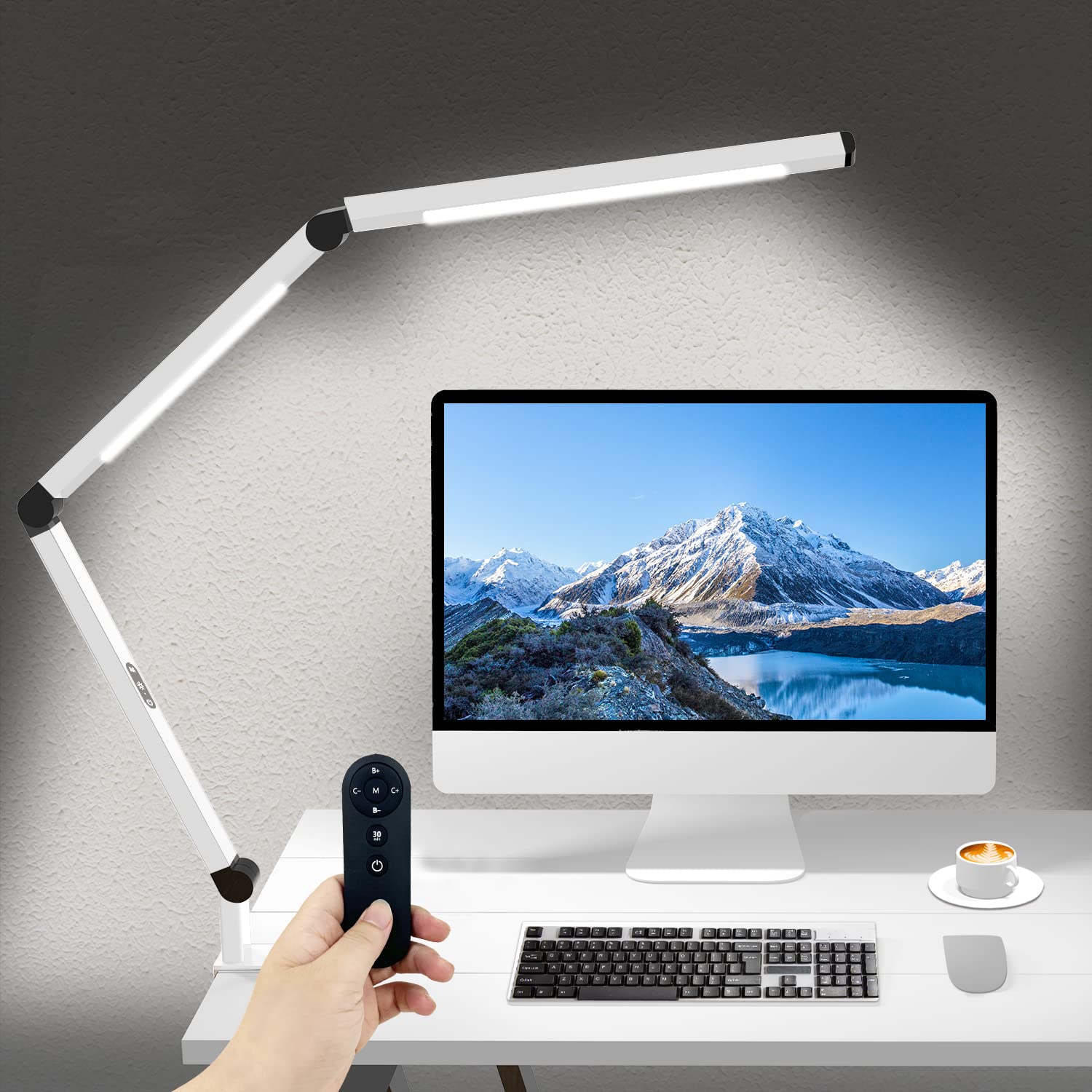 Photo 1 of Micomlan LED Desk Lamp for Home Office, Architect Clamp Desk Lamp with Remote Control, Adjustable Dimmable Swing Arm Clamp on Table Light Clip-on Dual Light 5 Brightness Levels & 4 CCT Modes