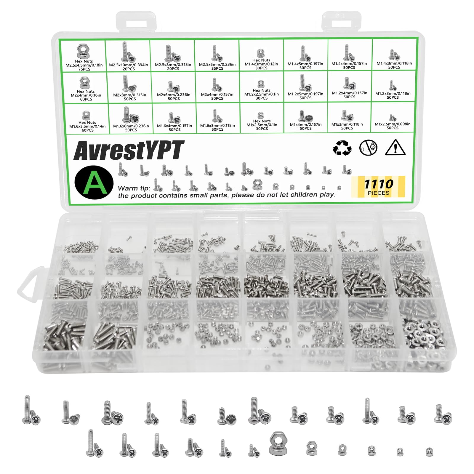Photo 1 of AvrestYPT 1110Pcs 304 Stainless Steel Metric Micro Screws Nuts Assortment, M1 M1.2 M1.4 M1.6 M2 M2.5 Sizes, Phillips Pan Head, Fully Threaded Kit for Arduino, RC Models, Electronics, DIY Projects