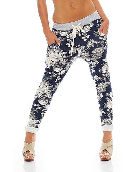 Zarmexx Damen Sweatpants Baggy Hose Boyfriend Freizeithose Sporthose All-Over Roses Print One Size